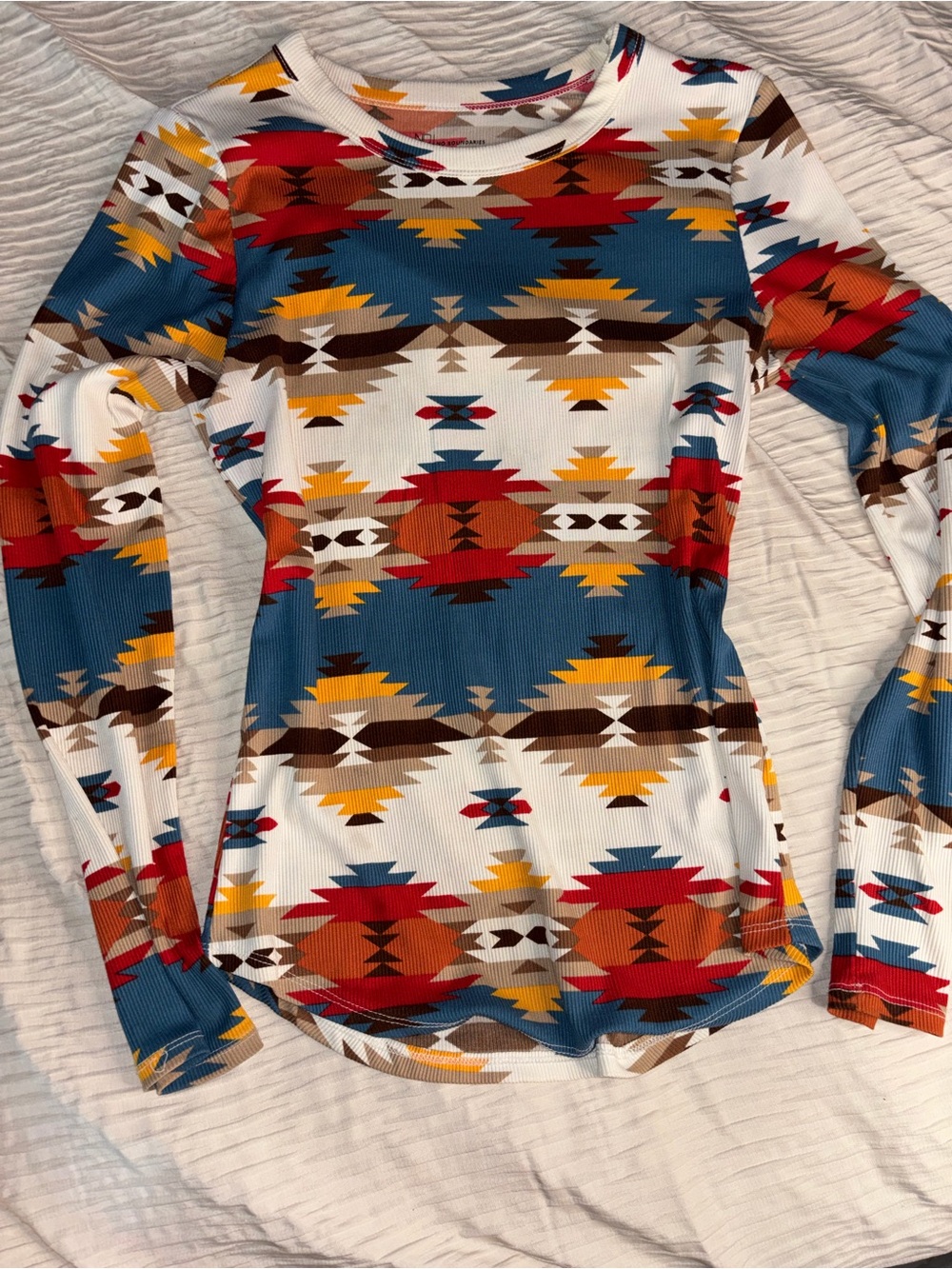 No Boundaries Women's Long Sleeve Aztec Top in Blue, Red, Yellow, Brown, White